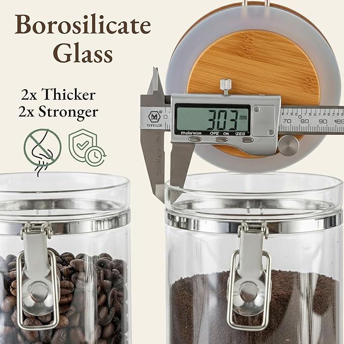 Lirvelle Airtight Coffee Canister with Scoop | Curated Glass Storage Set for Beans, Grounds & Sugar | 9-Piece Ritual Organizer with Bamboo Base, Versatile Artisan Spoon, Labels & Cleaning Brush