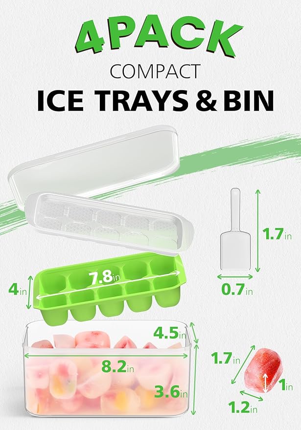 DOQAUS Ice Cube Tray with Lid and Bin, 4 Pack Ice Bucket Kits for RV