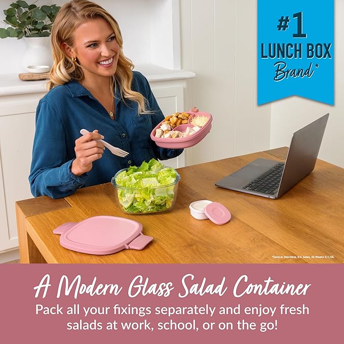 Bentgo Glass Salad Container with Airtight Lid & Leak-Proof Sauce Cup