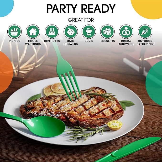 Party Solids Emerald Green Plastic Silverware Heavy Duty 150 Pieces Green Disposable Silverware Heavy Duty, Utensil Sets, 50 Of Each Forks, Knives & Spoons Disposable Cutlery Set For Party Supplies
