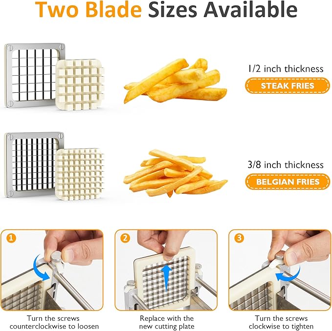 Sunvivi French Fry Cutter Stainless Steel Potato Slicer: with 2 Replaceable blades (1/2 & 3/8 Inch), Professional Fries Cutter for Potatoes, Carrots, Cucumber, Onion, Yam