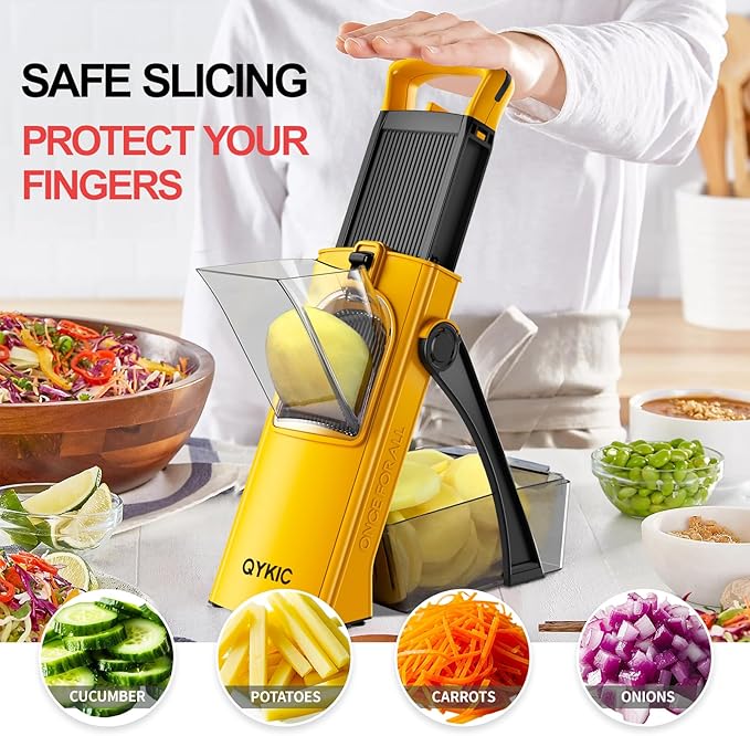 QYKIC Mandoline Slicer for Kitchen, Adjustable 0.1-8mm (6 in 1 Yellow)