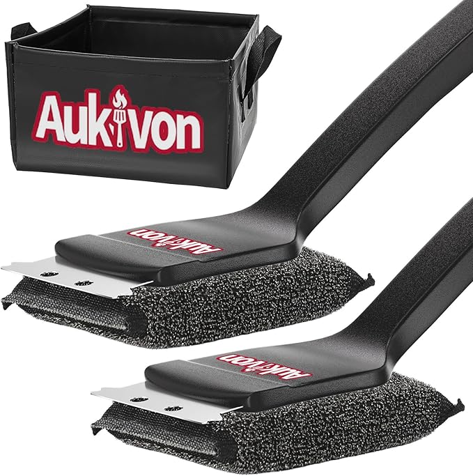 Aukivon 2PCS Upgraded Grill Brush for Outdoor Grill with Water Dunk Basin, Bristle Free, Steel Fiber Grill Brush for Cast Iron/Porcelain/Charcoal/Stainless Steel Grates, Gift for Men/Dad
