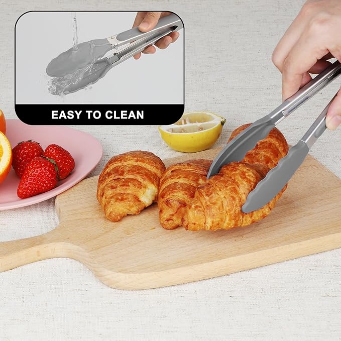 Hotec 7-Inch Mini Silicone Kitchen Tongs, Heat Resistant Non-Stick Small Serving Tongs with Silicone Tips, Food Safe Cooking Tongs Set of 3 (Black, Grey, White)