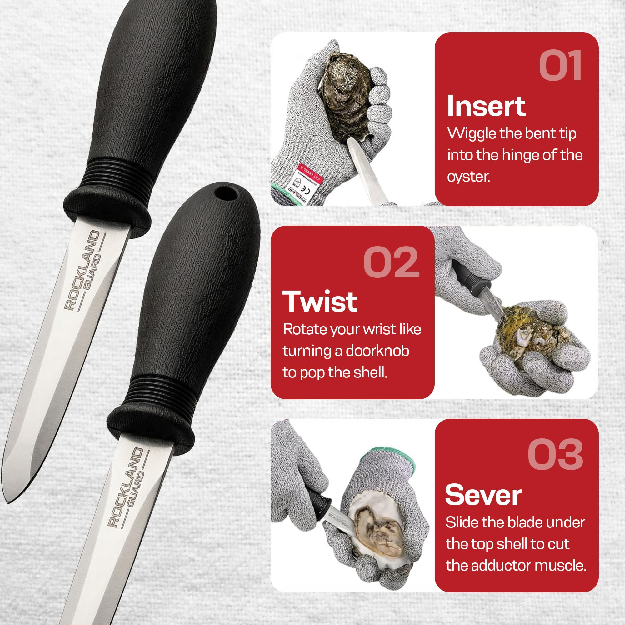 Rockland Guard Oyster Shucking Knife 4-Pack - 3.5” Heavy Duty 420 Stainless Steel Shucker Set for Clams & Shellfish - Non-Slip Ergonomic Handle Seafood Tools, Set of 4