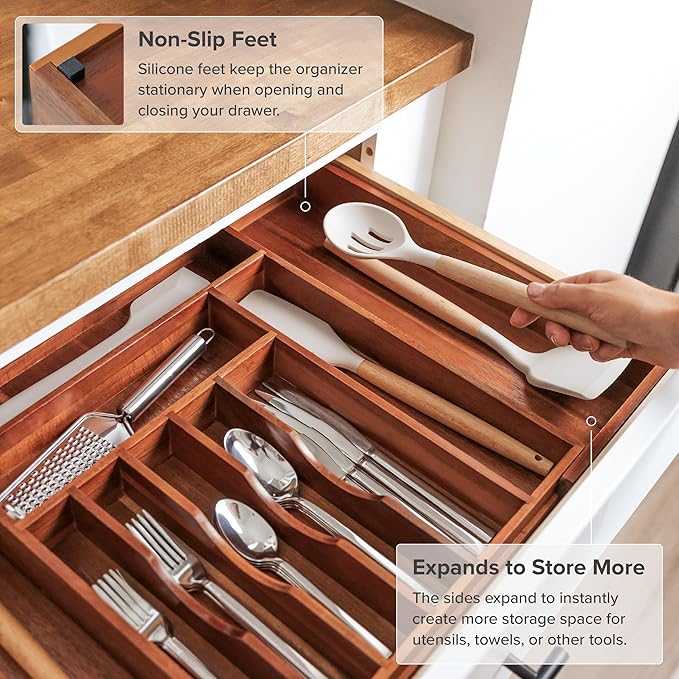 KitchenEdge Silverware & Utensil Drawer Organizer, 14.5-25 in, Acacia