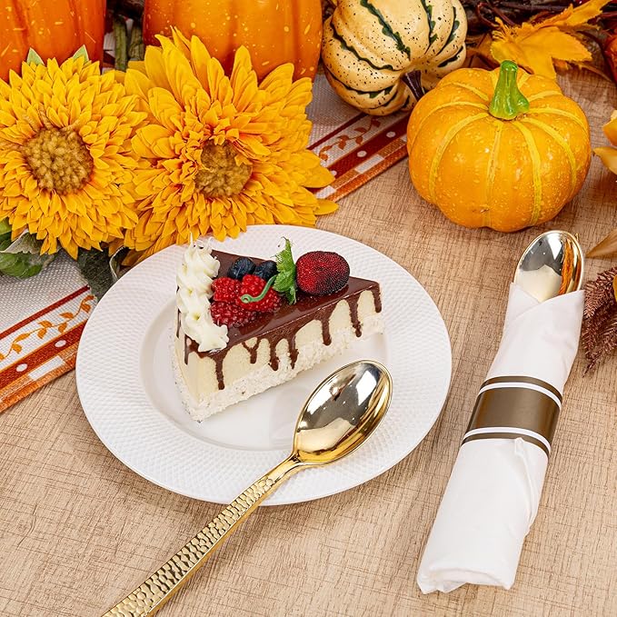 WELLIFE 75 Pack Gold Plastic Cutlery,Pre Rolled Silverware Set Disposable,Gold Disposable Utensils,Includes: 75 Forks, 75 Knives, 75 Spoons, 75 Napkins, Plastic Silverware