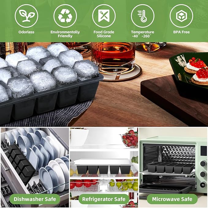 FANYITY Silicone Ice Cube Tray with Lid, Black, Pack of 2 Ice Cube Moulds, Silicone Mould, BPA-Free, Stackable Ice Cube Tray, Ice Cube Trays for Baby Porridge, Cocktail, Whiskey, Coffee