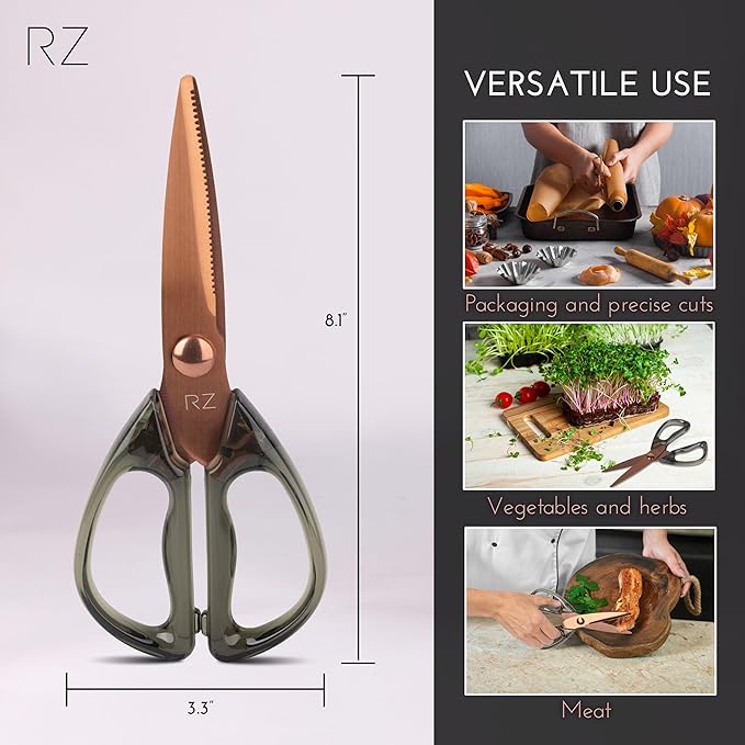 Rachel Zoe All Purpose Scissors, Scissors for Office, School or Art, Stainless Steel Sharp Shears with Large Handles, Dishwasher Safe (Green/Copper)