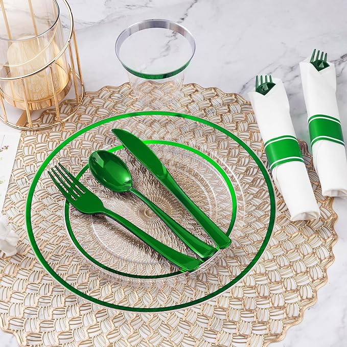 Goodluck 350 Pcs Clear Green Disposable Plastic Dinnerware Sets for 50