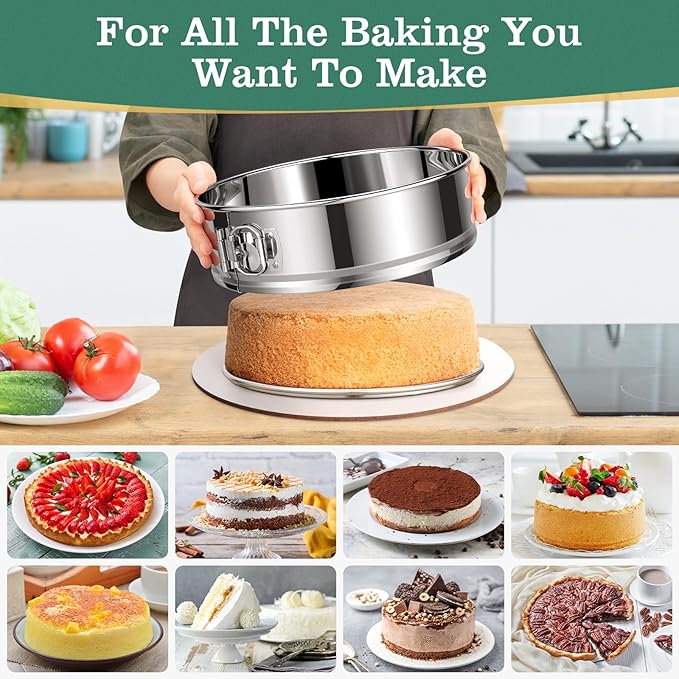 E-Gtong 4" 7" 9" 10" Springform Pans Set of 4, Stainless Steel Cheesecake Pan with Removable Bottom, Leakproof & Nonstick Springform Cake Mold for Baking with 50 Pcs Paper Liners