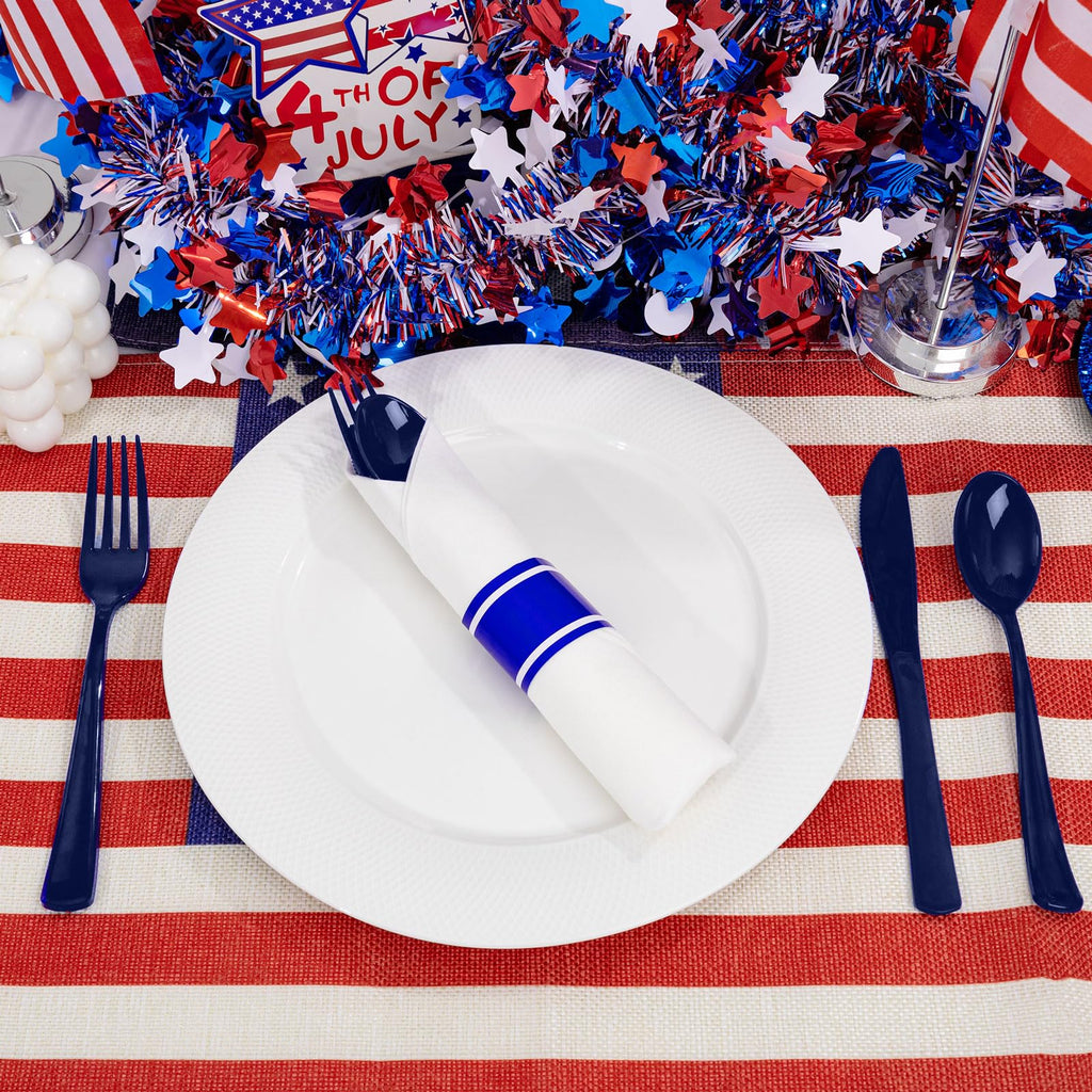 Liacere 100Pack Pre Rolled Blue Silverware and Napkin-Disposable Blue Plastic Utensils-Plastic Cutlery Set with Napkin:100 Forks,100 Knives,100 Spoons,100 Napkins for Wedding&Party&Independence Day