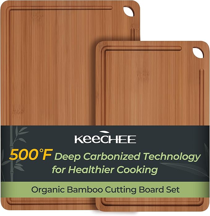 Keechee Carbonized Bamboo Cutting Board Set of 2, Wood Kitchen Boards