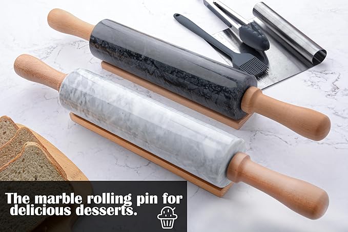 SIPARUI Marble Rolling Pin Set with Silicone Pastry Mat,Pastry Brush,Cooking Tongs,Stainless Steel Scraper18.5 inch Polished Non-Stick Roller for Pizza Dough,Fondant,Pie Crust(Gray White)