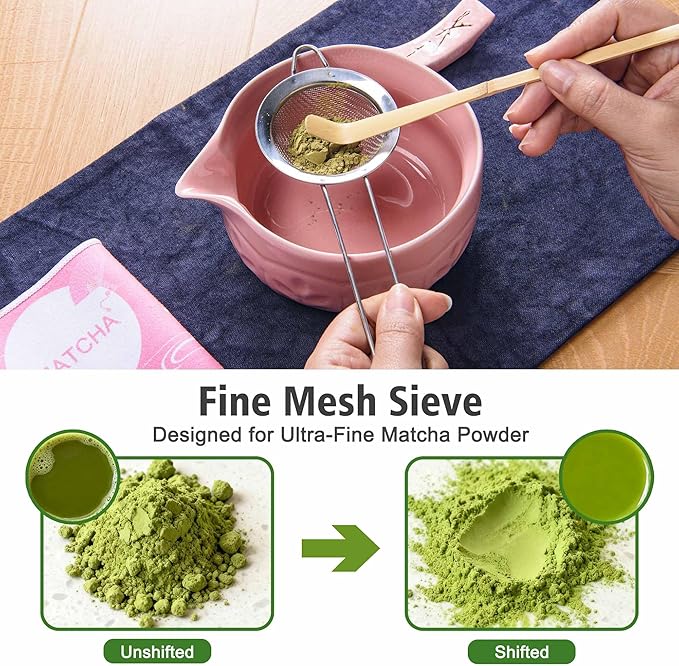 Matcha Whisk Bowl Set, 7PCS Japanese Matcha Kit with Spout Bowl (Pink) Bamboo Whisk Stand Scoop Sifter Accessories for Tea Ceremony Latte, Gifts for Family,Friends