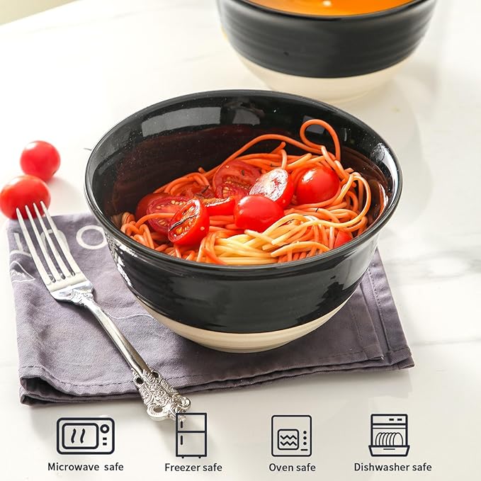 HASENSE Large Ceramic Soup Bowls Set of 4, 40 Oz Gloss Black Beige Stackable Stoneware Bowls, Farmhouse Bowls for Salad, Pasta, Ramen & Pho, Dishwasher & Microwave Safe