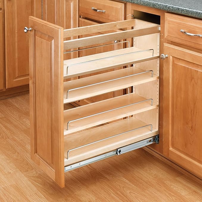 Rev-A-Shelf Maple Pullout Organizer for Full Height Base Cabinets, Full Extension Slides & Adjustable Shelves, Min Opening Width of 7", 448-BC-6C