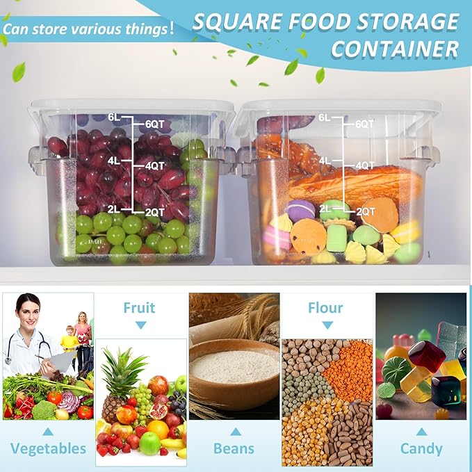 Yungyan 12 Pcs 6 Qt Commercial Food Storage Containers with white Lids Restaurant Square Airtight Food Storage Containers Clear Cereal Container for Kitchen Freezer Dishwasher Pantry
