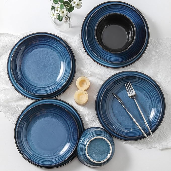 Hasense Ceramic Dinnerware Set, 12 Pieces Handmade Reactive Glaze Plate and Bowls Set of 4 (Plates, Pasta Dish, Cereal Bowls), Chip and Scratch Resistant Dinner Dishes Service, Navy Blue