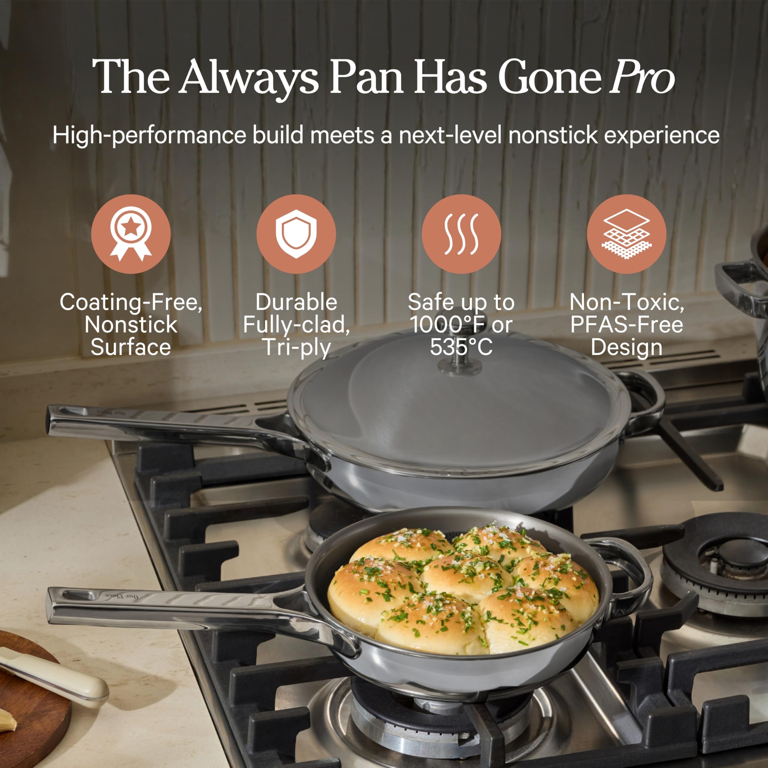 Our Place Mini Titanium Always Pan Pro | 8.5" PFAS-Free Nonstick Frying Pan with Spatula | Chef-Grade Tri-Ply Stainless Steel & Aluminum Build | Induction & Oven-Safe up to 1000°F | Chrome
