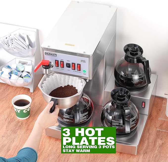 NUPANT 12 Cup Commercial Coffee Maker Auto Filling Drip Coffee Machine with 3 Carafes 3 Warmers, Filters, Stainless Steel Pour Over Coffee Brewer with Hot Water Dispenser for Restaurant Office Cafe