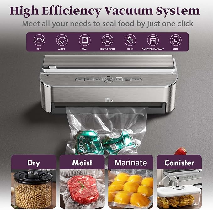 Mesliese Vacuum Sealer, 85kPa 120W, Dry & Moist Mode, 2 Rolls + 5 Bags