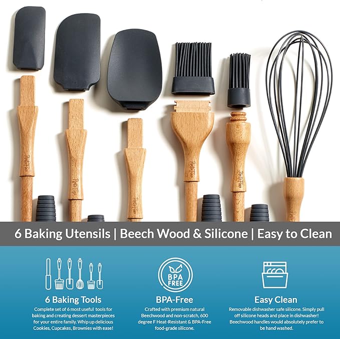 PortoFino Baking Utensils Set 6 Pieces, Baking Essentials, Set of 3 Spatulas, 2 Pastry Brushes, 1 Whisk, Baking Tools, Spatulas Silicone Heat Resistant, Silicone Cooking Utensils, Kitchen Gifts, Grey