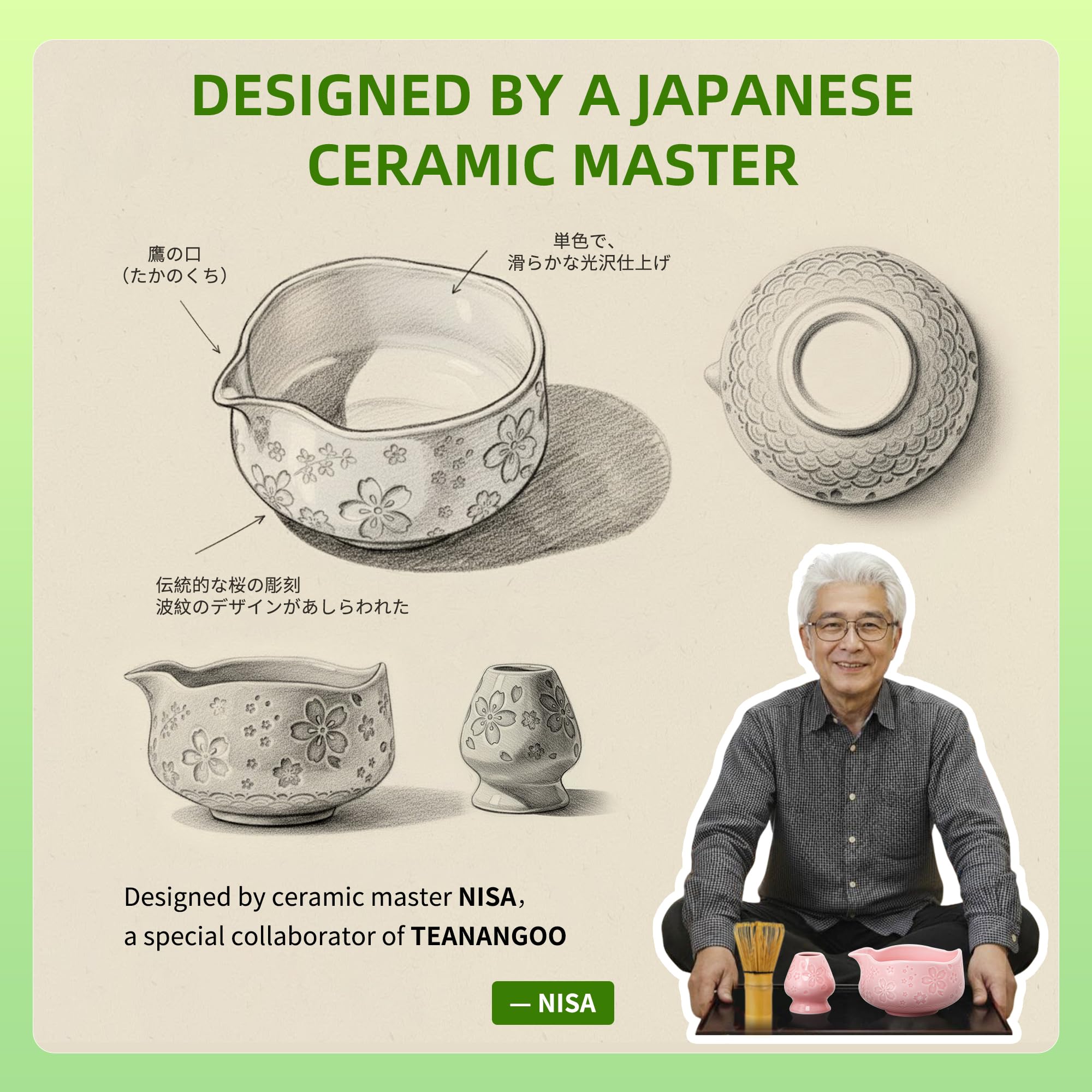 TEANAGOO 7-PCS Pink Matcha Whisk Set with Cherry Blossom Design, Complete Ceremony Kit, Ceramic Chawan Bowl with Spout, Whisk & Accessories, Traditional Matcha Tea Set for Lattes& Gift Giving