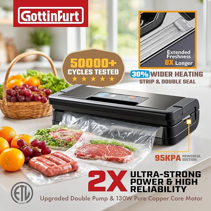 2025 Upgraded 95Kpa Vacuum Sealer Machine, 10-in-1 Pro Food Vacuum Sealer with Bags & Roll, Food Vacuum Sealer with 130W Dual Pump Motor, Double Heat Seal, Built-in Cutter & External Hose