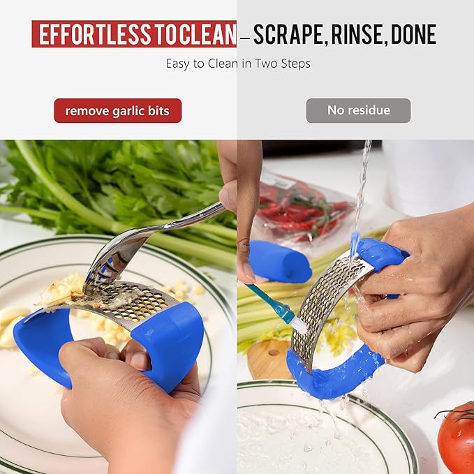 Li&Zhao Stainless Steel Garlic Press Rocker - Garlic Crusher Stainless Steel Garlic Mincer Tool Garlic Rocker with Garlic Peeler Garlic Smasher for Kitchen Cooking(Blue)