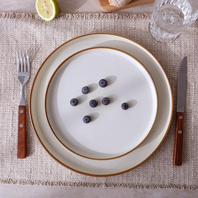 Famiware Nebula 12-Piece Dinnerware Set, Vanilla White with Brown Rim