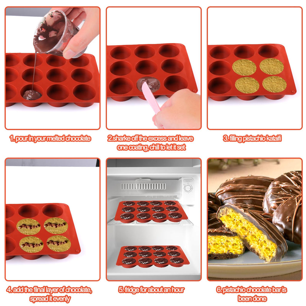Mity Rain Silicone Chocolate Bar Molds - Round, Fix Pistachio Cream Filling, Dubai Candy Bar Molds with Scraper & Bags (1pc)
