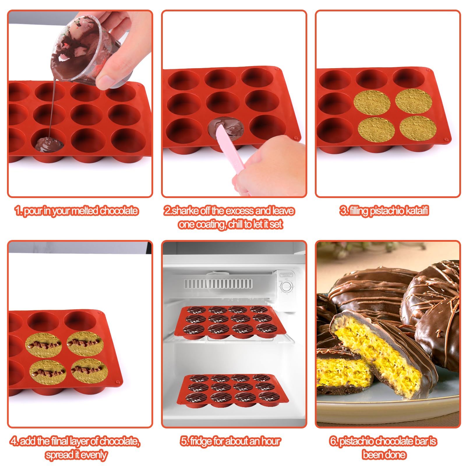 Mity Rain Silicone Chocolate Bar Molds - Round, Fix Pistachio Cream Filling, Dubai Candy Bar Molds with Scraper & Bags (1pc)