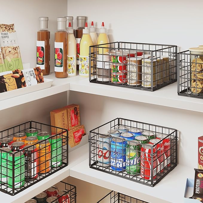 X-cosrack Metal Wire Baskets for Pantry Organization and Storage Freezer Organizer Bins with Handles 4 Pack-12"x12"x6" Extra Large Mesh Bin for Pantry Kitchen Laundry Closet Garage Patent Design