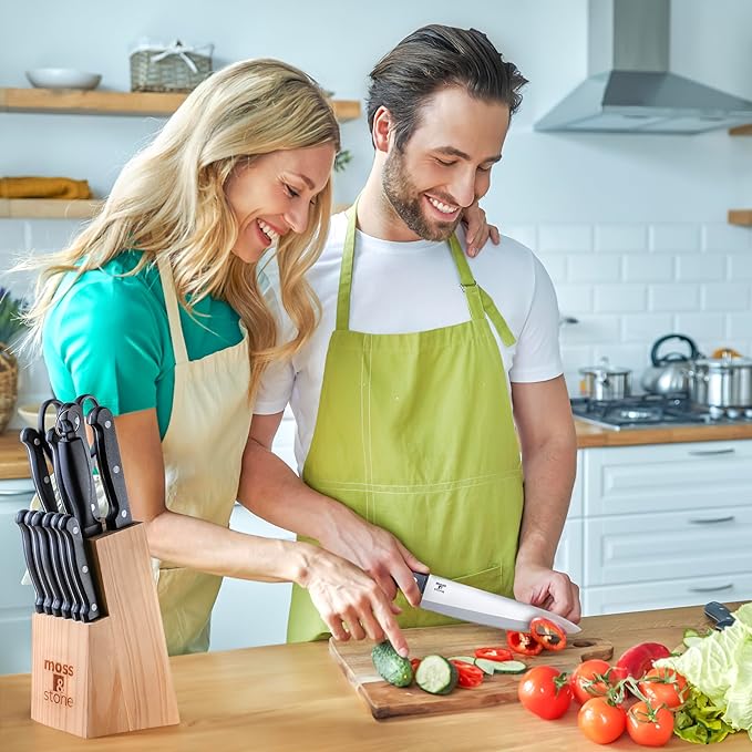 Moss & Stone 14 Pcs Kitchen Knife Set with Block, Stainless Steel