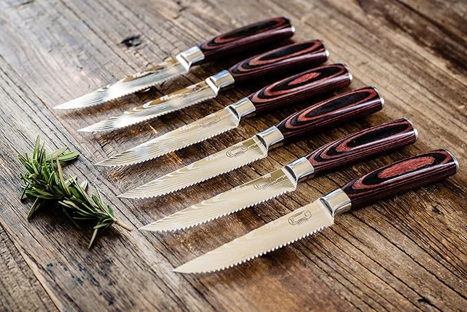 The Epicurean Cook Majesty Series Professional Steak Knife Set with Damascus Pattern - Razor Sharp Serrated Stainless Steel with Wooden Handle (Set of 6 Steak Knives)