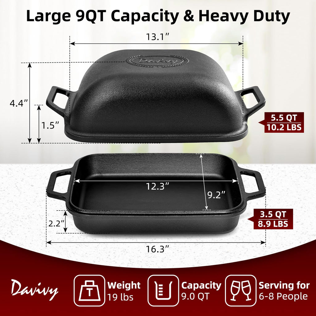Davivy 9QT Large Cast Iron Bread Loaf Pan with Lid, Dutch Oven for Sourdough Bread Baking, Non-stick Cast Iron Sourdough Baking Pan with Lid, 12.3" x 9.2", Matte Black