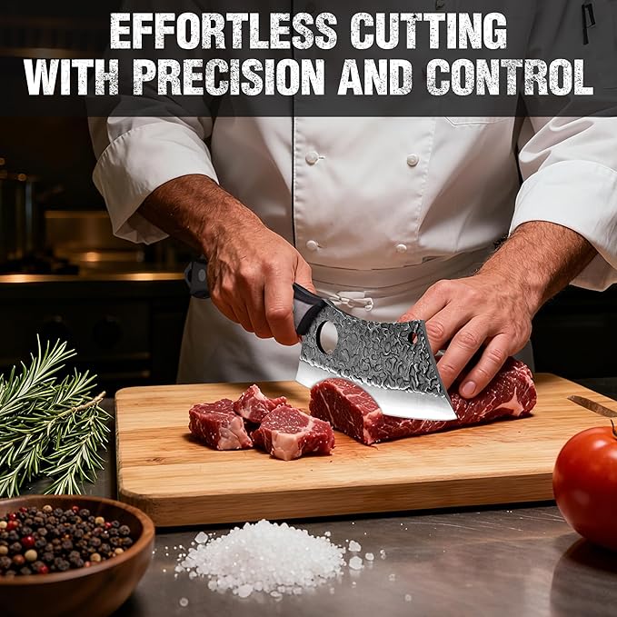 Mossy Oak Meat Cleaver Knife, Butcher Knife with Genuine Leather Sheath, Hand Forged Kitchen Knife Full Tang Handle for Meat and Vegetable Cutting, Outdoor Cooking, Camping and BBQ
