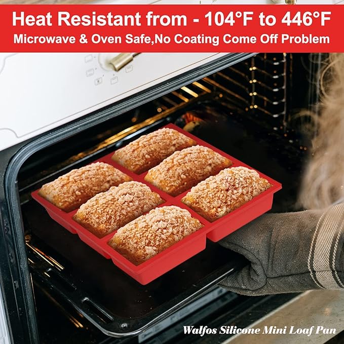 Walfos Silicone Mini Bread Baking Pan 6 Cavities Non-Stick Silicone Mini Loaf Pans 3 pcaks Food Grade Baking Mold For Bread, Cakes, Muffin, Dough, Release Easily and Dishwasher Safe