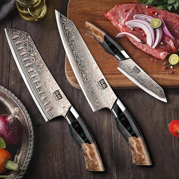 SHAN ZU 3PCS Damascus Knife Set, Japanese Kitchen Knives Set