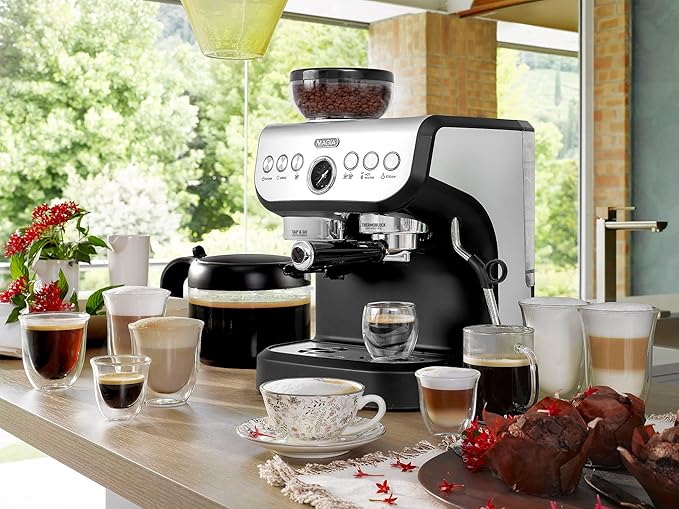 Zulay Kitchen Magia Manual Espresso Machine with Built-In Grinder & Steam Wand – 15 Bar Pressure Espresso Maker, 2L Removable Water Tank, Milk Frother, Complete Home Barista Set, Black & Silver