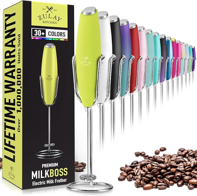 Zulay Kitchen Milk Frother Wand – High-Speed Handheld Frother with Upgraded Stand – Electric Foam Maker with Stainless Steel Whisk