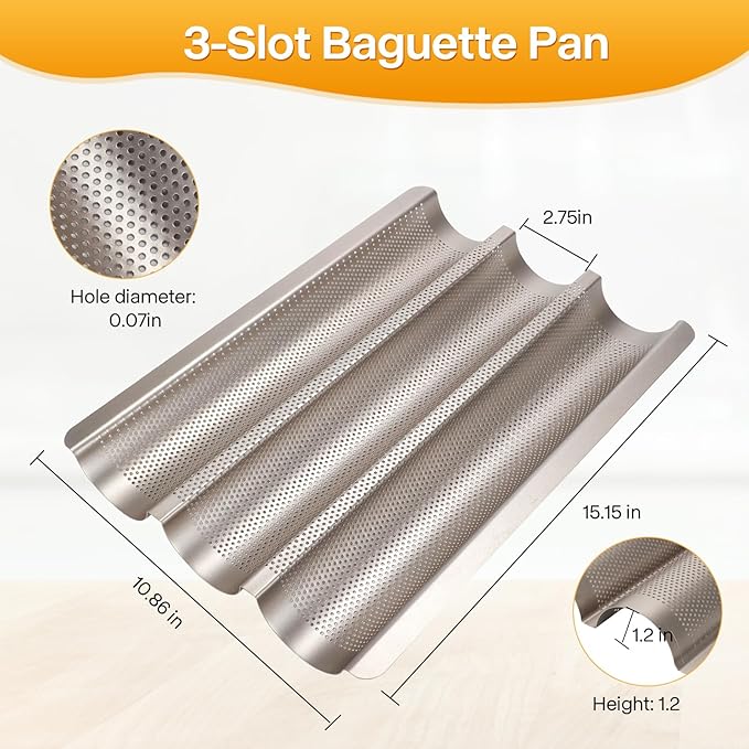 Barlket Baguette Bread Pan, Nonstick French Bread Baking Pan 3 Loaf, Golden