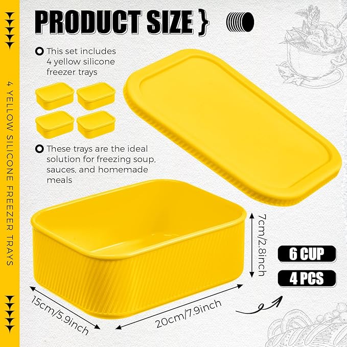 Nuogo 4 Pcs 6 Cup Silicone Freezer Trays with Lid Soup Containers, Yellow