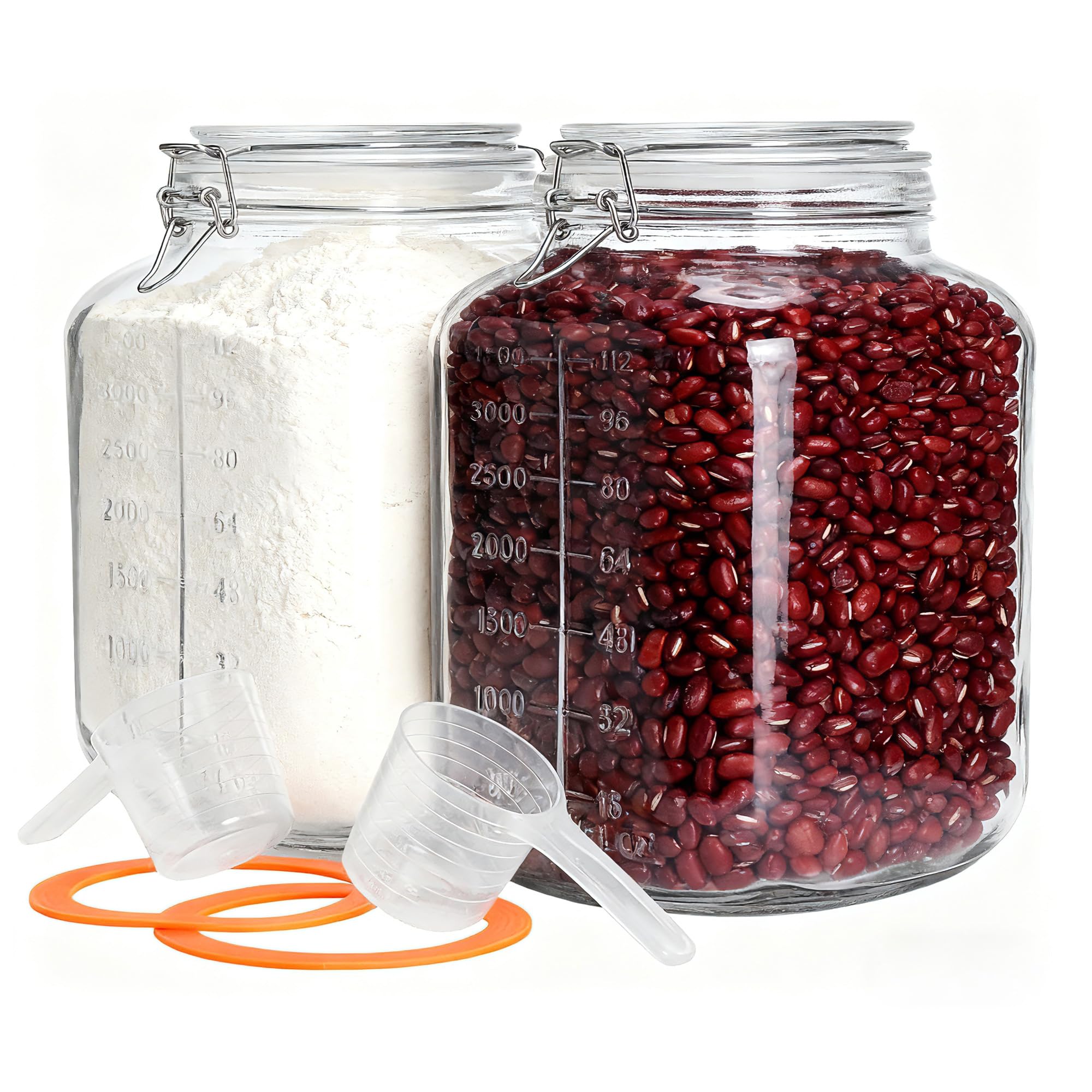 PUSCRIENO 2 Pack 1.1 Gallon Square Super Wide Mouth, Airtight Glass Storage Jars, with Measurement Marks, Leak-Proof Lids for Kitchen Pantry, Canning, Dry Food (Flour, Sugar) & Drinks