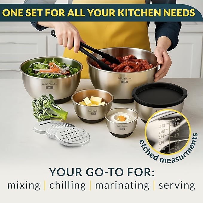 Stainless Steel Mixing Bowls with Lids Set of 5, 3 Graters, Black