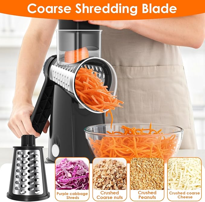 MealHelper 5 Blade Rotary Cheese Grater and Vegetable Chopper with Storage Box and Hand Crank, Compact Shredder for Cheeses, Veggies, Nuts - Easy to Use, Non-slip Suction Base,Black