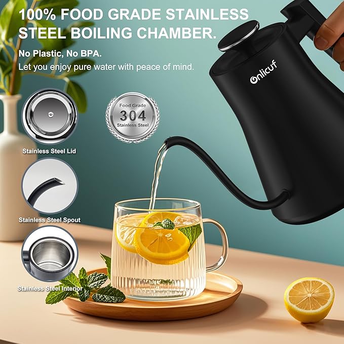 Onlicuf Gooseneck Electric Kettle 0.8L (27oz) - 1000W Rapid Fast Boiling Tea Kettle with Auto Shut Off & Boil-Dry Protection, Stainless Steel Leak-Proof Water Boiler for Pour Over Coffee, Black