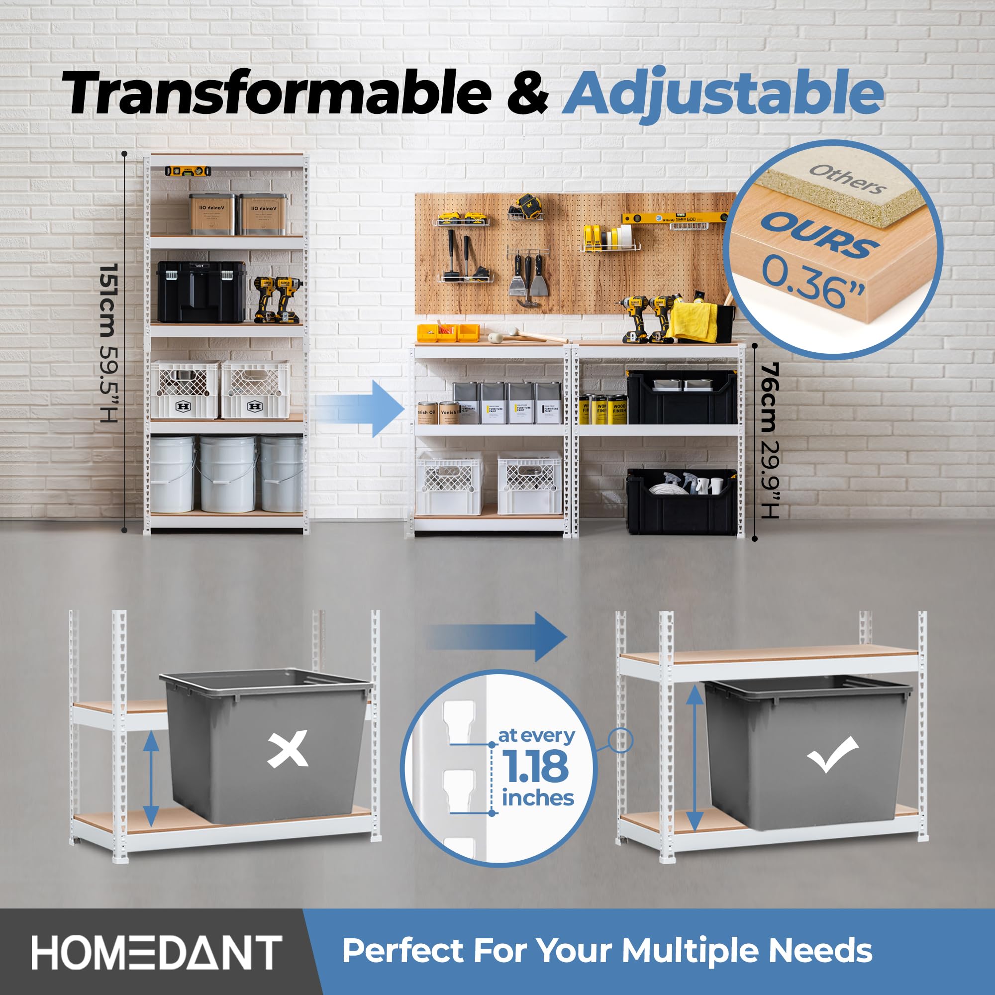 HOMEDANT White 28" W 5 Tier Storage Shelves Garage Shelving Unit Metal