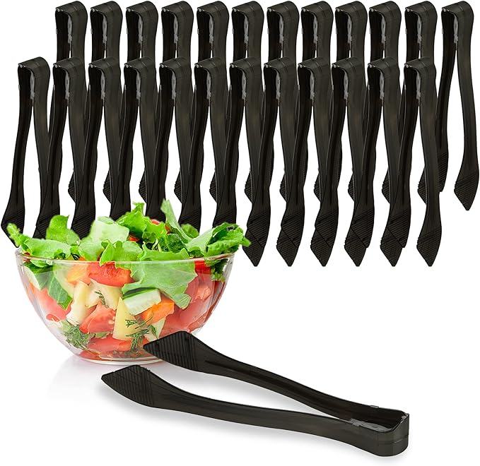 PARTY BARGAINS 8.5″ Black Plastic Serving Tongs 24-Pack – Heavy-Duty Disposable & Reusable Kitchen Tongs for Parties BBQ Buffet Salad Appetizers Catering